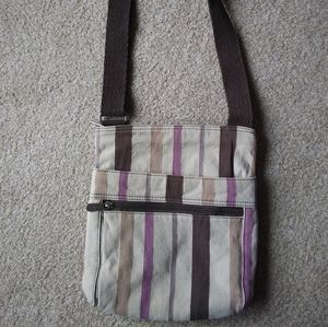 Thirty-One Crossbody Purse. Tan, Brown, Purple Stripes. Pockets.